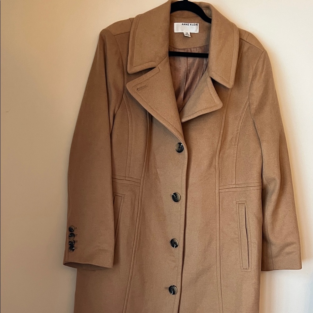 Anne Klein Womens Camel Long Wool Blend Coat Size 18 Button Front